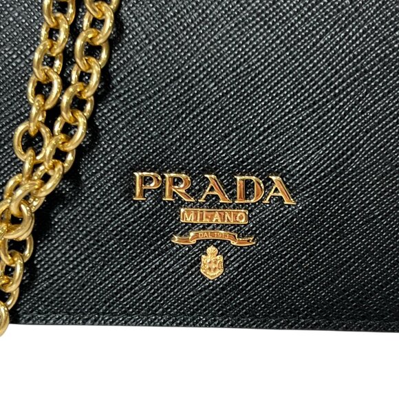 PRADA Black Saffiano Gold Wallet On Chain WOC Wristlet - Picture 2 of 13